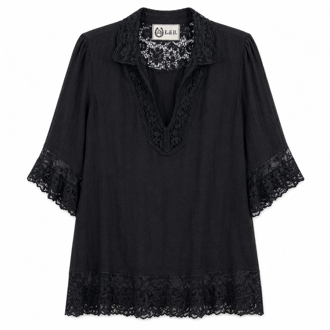 L&B Black Boho Tunic Top Women 2x Lace Trim Cottagecore Romantic Oversized